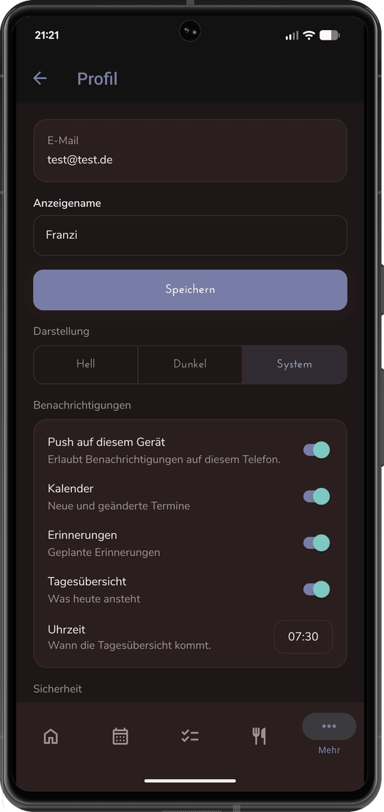 Das Profil im dunklen Erscheinungsbild: Auswahl zwischen Hell, Dunkel und System sowie einzelne Schalter für Push, Kalender, Erinnerungen und die tägliche Übersicht um 07:30 Uhr.